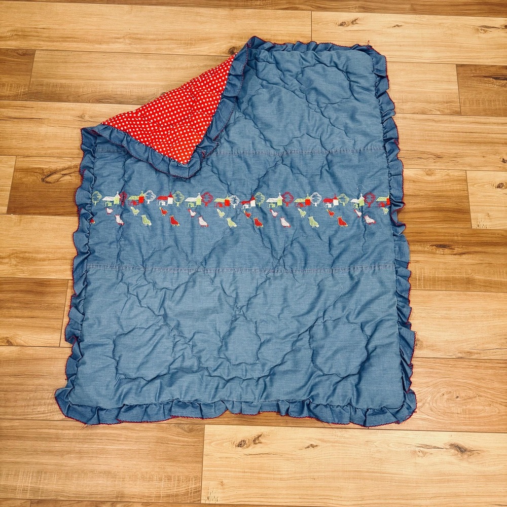Vintage baby blanket- embroidered farm animals 40.5" x 34"